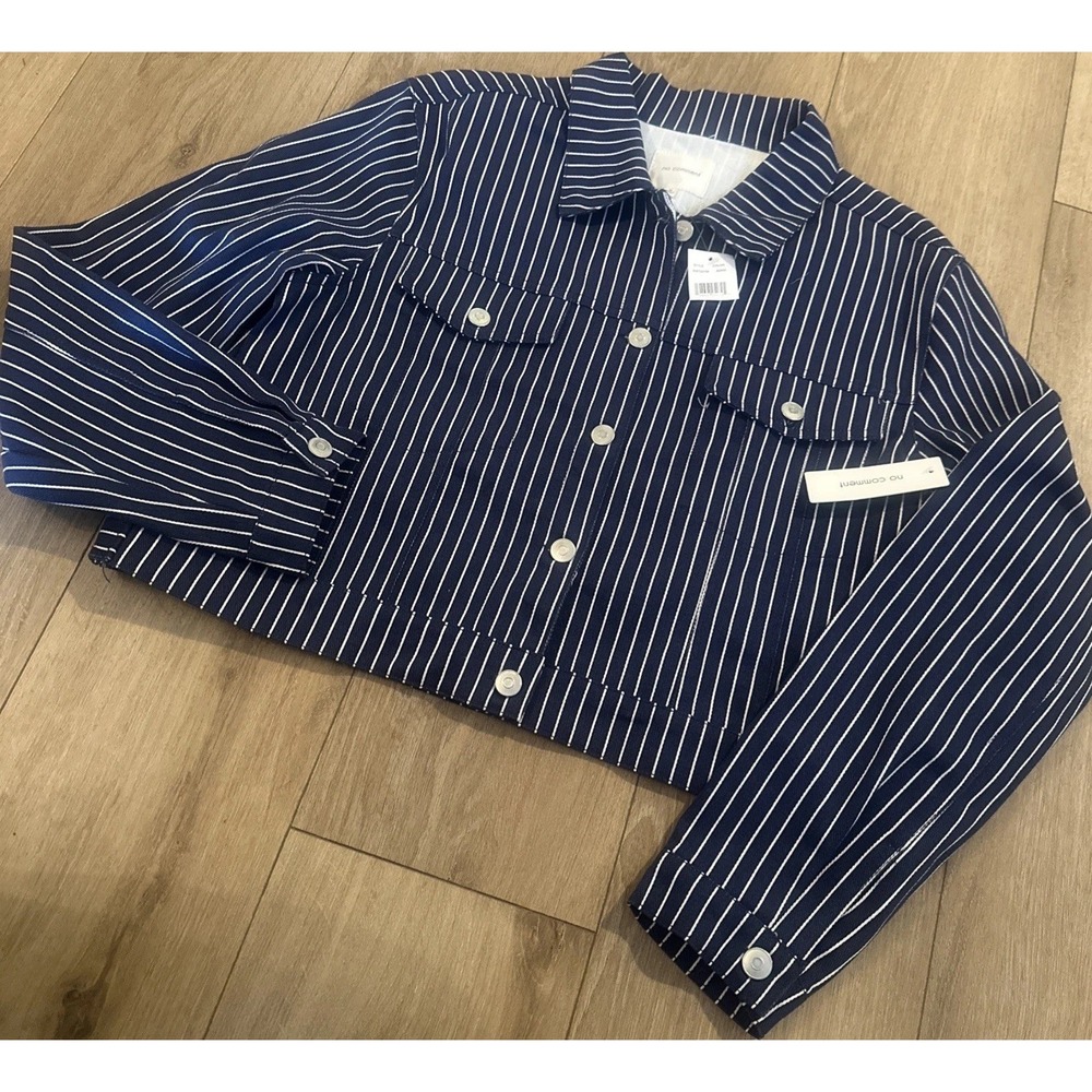 No‎ Comment Junior's Women's Denim Crop Jacket Pin Blue Pin Stripe Size XL